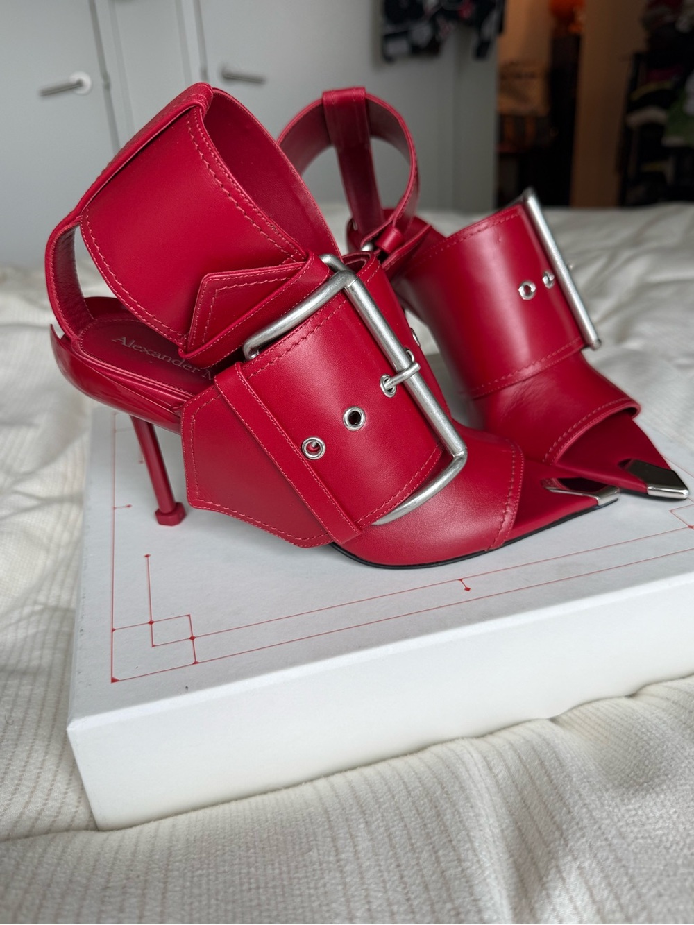 Red Buckle Pointed-Toe Stiletto Heels - Alexander McQueen